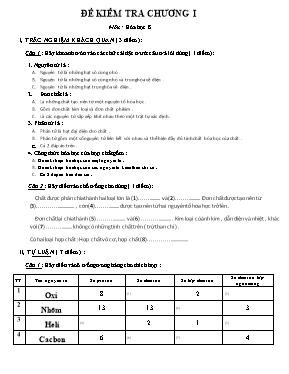 Đề kiểm tra Chương I môn Hóa học Lớp 8